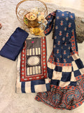 Navy Blue & Cream Ajrakh Block Print Modal Silk Suit Material