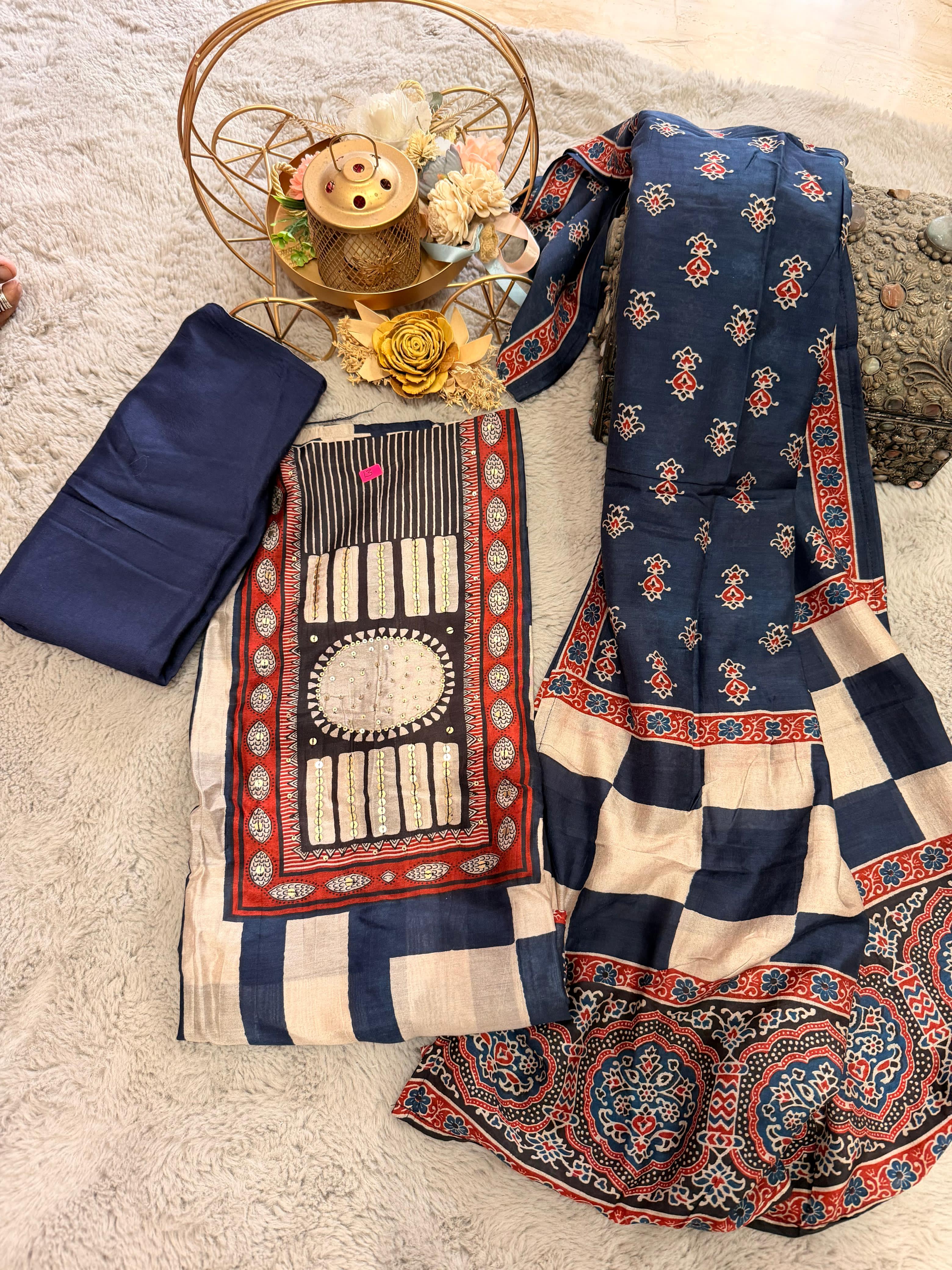 Navy Blue & Cream Ajrakh Block Print Modal Silk Suit Material