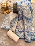 Steel Blue & Cream Abstract Print Linen Suit Material