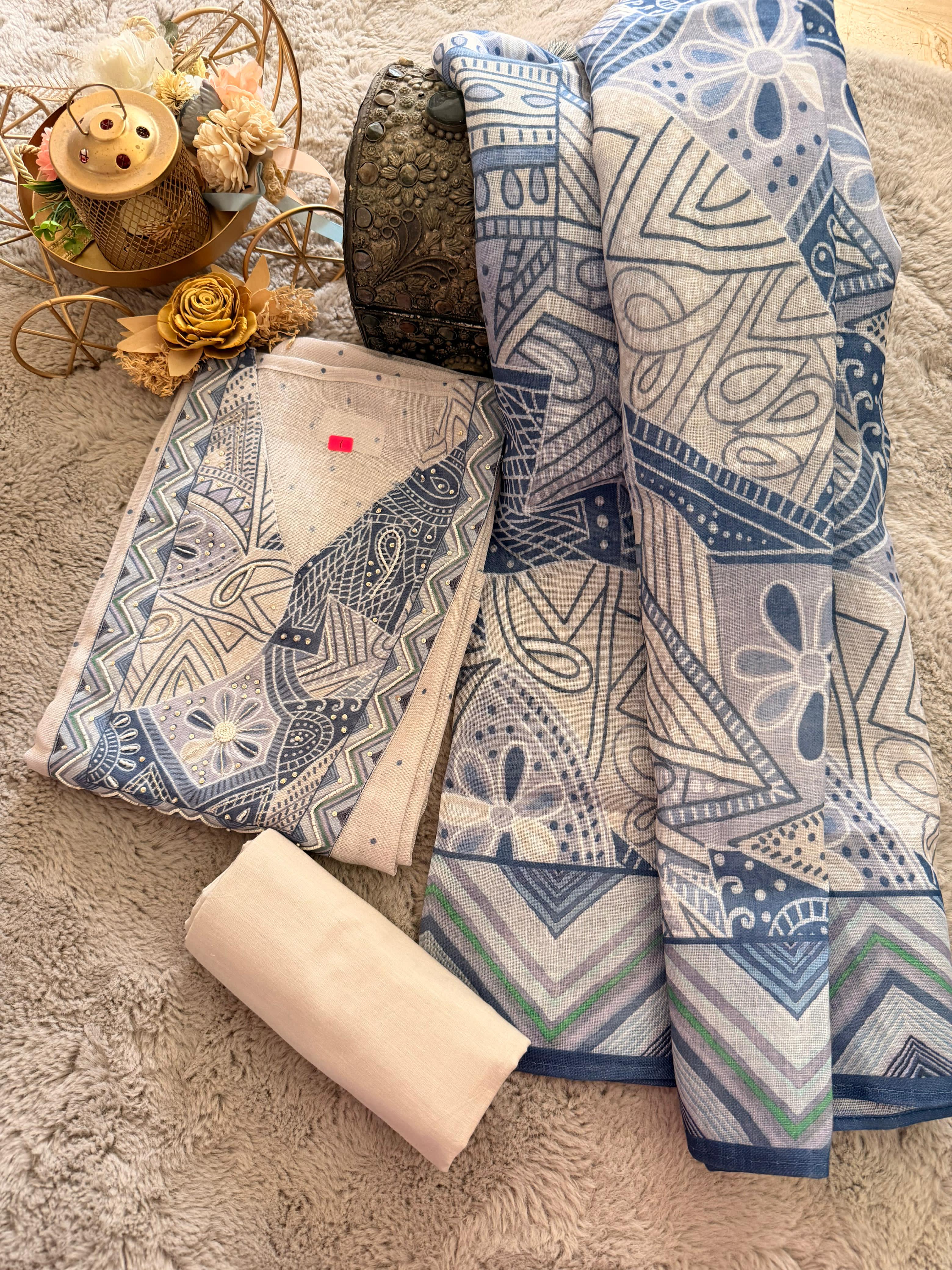 Steel Blue & Cream Abstract Print Linen Suit Material