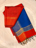 Royal Blue & Rust Orange Semi Tusser Saree with Zari Booti & Tassel Pallu