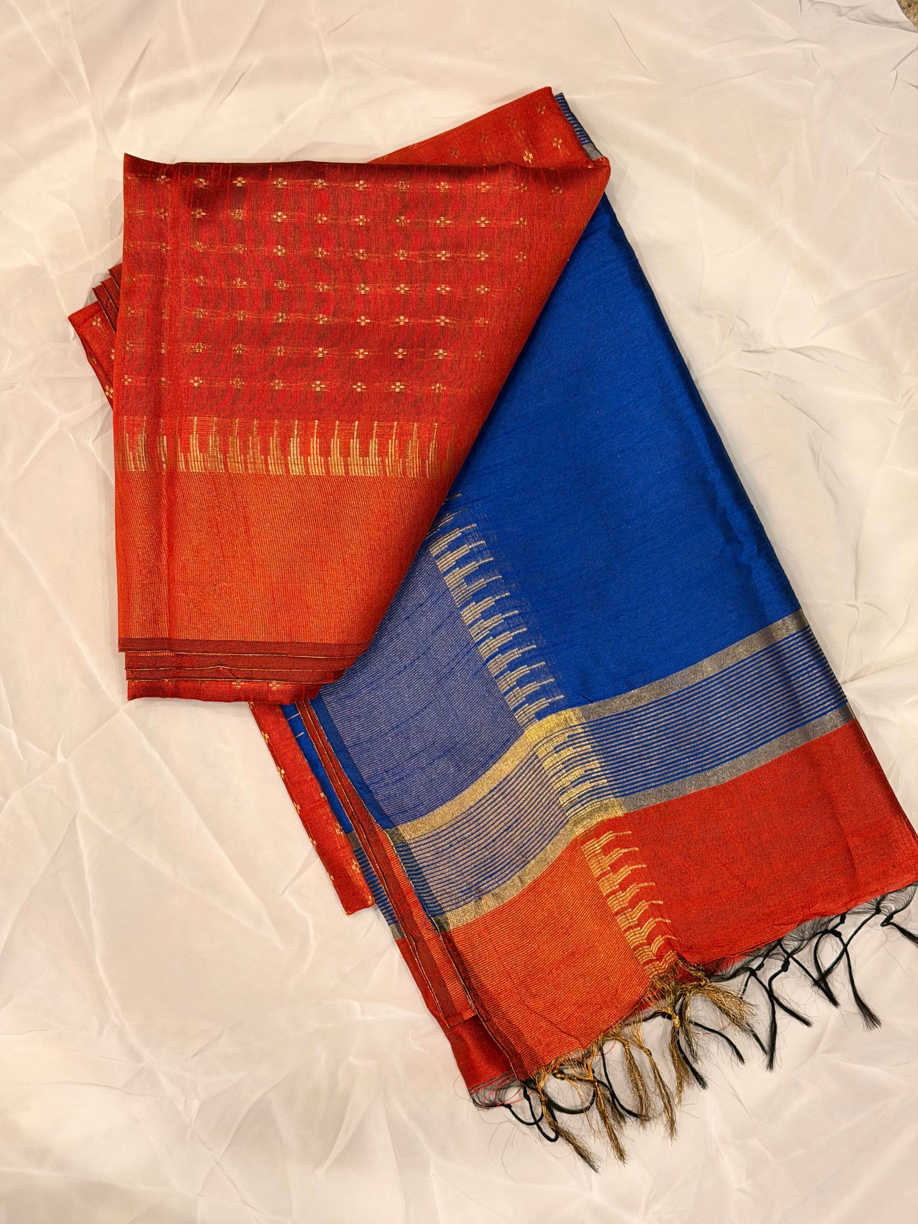 Royal Blue & Rust Orange Semi Tusser Saree with Zari Booti & Tassel Pallu